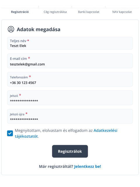 Felhasználó regisztráció